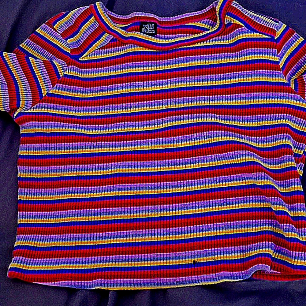 Yellow purple blue baby blue red stripped shirt, wild fable